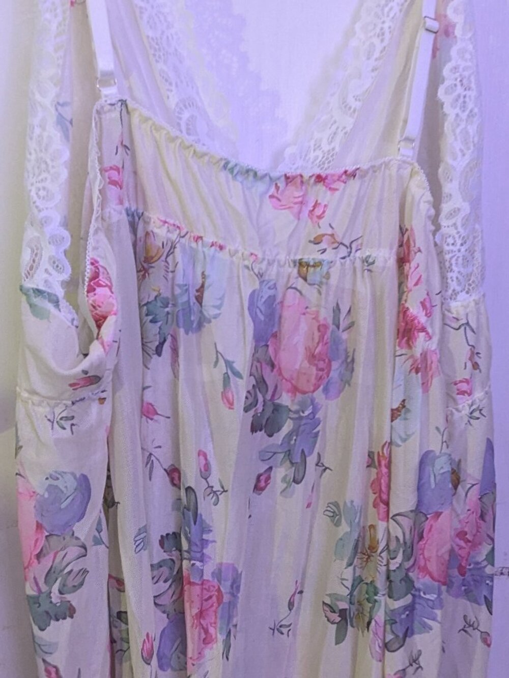 Beige Floral Sheer Babydoll Nightgown with Lace Detail NEW - Picture 2 of 4